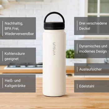 Termoska Vinsun 500ml krémová - nepriepustná, vhodná pre sýtené nápoje, bez BPA - 3 viečka - nerezová