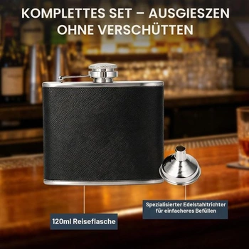Sada nerezových placiek na bok 120 ml/4 oz, nepriepustná vreckový placiek s lievikom, kožená úprava,