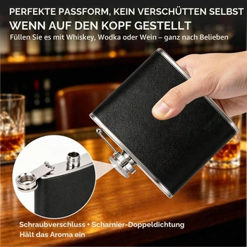 Sada nerezových placiek na bok 120 ml/4 oz, nepriepustná vreckový placiek s lievikom, kožená úprava,