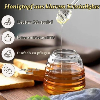 Medová nádoba s naběračkou a víkem, skleněný dávkovač medu, průhledná nádoba na med, křišťálový