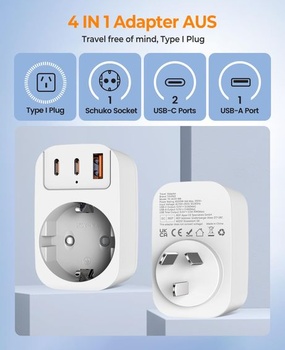 Adaptér Austrália-Nemecko, cestovný adaptér 4 v 1 s čínsko-nemeckou zástrčkou s 2 USB-C a 1 A