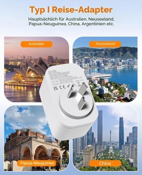 Adaptér Austrália-Nemecko, cestovný adaptér 4 v 1 s čínsko-nemeckou zástrčkou s 2 USB-C a 1 A