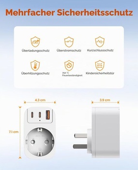 Adaptér Austrália-Nemecko, cestovný adaptér 4 v 1 s čínsko-nemeckou zástrčkou s 2 USB-C a 1 A
