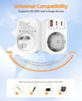 Adaptér Austrália-Nemecko, cestovný adaptér 4 v 1 s čínsko-nemeckou zástrčkou s 2 USB-C a 1 A