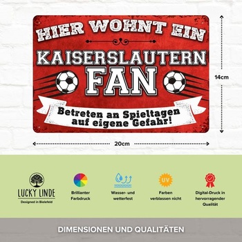 Kovová ceduľa pre futbalových fanúšikov 14x20 cm, „Tu býva fanúšik Kaiserslauternu“ – nástenná