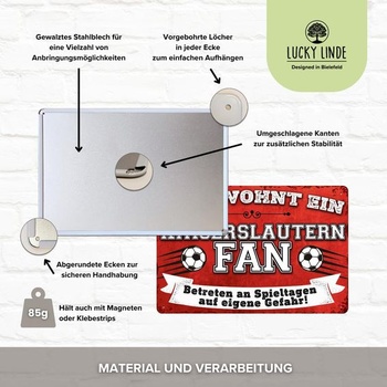Kovová ceduľa pre futbalových fanúšikov 14x20 cm, „Tu býva fanúšik Kaiserslauternu“ – nástenná