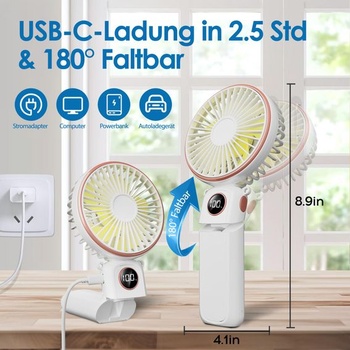 Prenosný ručný ventilátor BEYYON, 3v1 USB ventilátor, tichý mini ventilátor s LED displejom, 6