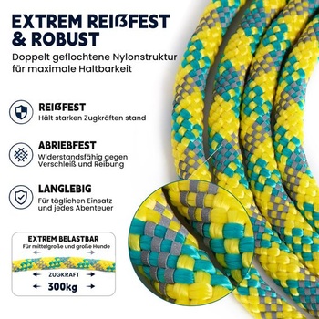 Vodítko pre psov LUCKY LUCY 3m reflexné, nylonové, bezpečnostná karabína, morská modrá žltá 3m 1