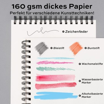 Deli Skicník A4, kresliaci blok DIN A4, kresliaci papier 160 g/m², 40 listov / 80 strán, špirálovite