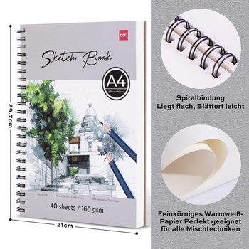 Deli Skicník A4, kresliaci blok DIN A4, kresliaci papier 160 g/m², 40 listov / 80 strán, špirálovite