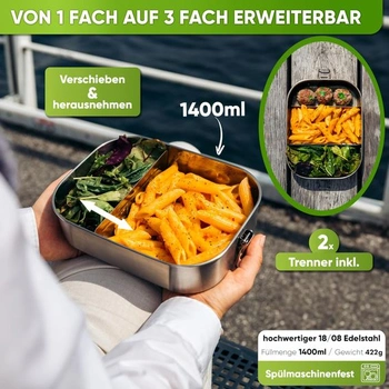 Blockhütte Premium nerezový svačinový box | 1400 ml | Včetně náhradního těsnění a 2 dělicích
