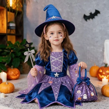 Dievčenské kostým čarodejnice, halloweensky kostým čarodejnice so šaty, klobúkom, metlou, paličkou,