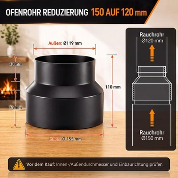 Redukcia dymovodu Enhon 150 na 120 mm, oceľová redukcia s hrúbkou 1,7 mm, redukcia komínovej rúrky,