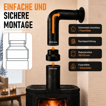 Redukcia dymovodu Enhon 150 na 120 mm, oceľová redukcia s hrúbkou 1,7 mm, redukcia komínovej rúrky,