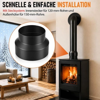 Redukcia dymovodu Enhon 150 na 120 mm, oceľová redukcia s hrúbkou 1,7 mm, redukcia komínovej rúrky,