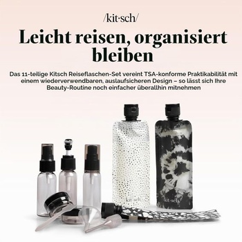 Kitsch 11dielne cestovné fľaštičky na doplňovanie toaletných potrieb - čierne