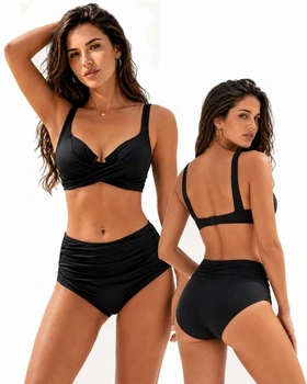 Dámské bikiny, vysoký pas, stahující push-up bikiny s kosticemi, zavinovací střih, výstřih do V,