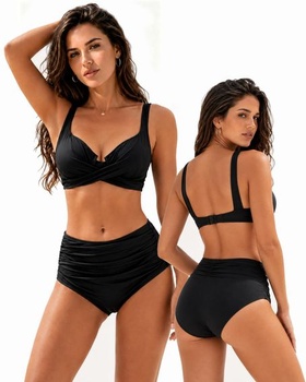 Dámske bikiny, vysoký pás, sťahujúce push-up bikiny s kosticami, zavinovací strih, výstrih do V,
