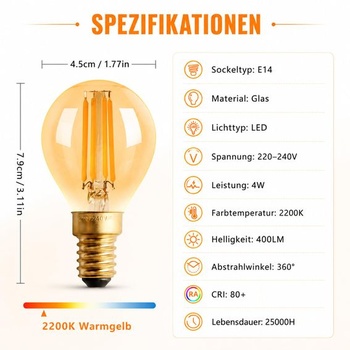 Terafeels 2 kusy E14 LED vintage žiarovky, G45, 4W, rovné vlákno, 2200K teplé žlté svetlo,