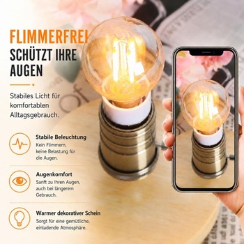 Terafeels 2 kusy E14 LED vintage žiarovky, G45, 4W, rovné vlákno, 2200K teplé žlté svetlo,