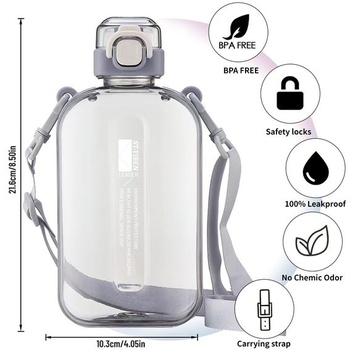 Plochá láhev na vodu, láhev na vodu do posilovny, sportovní láhev na vodu 750 ml s popruhem, bez