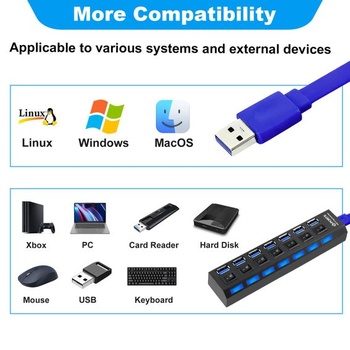 7portový USB hub s napájaním 5V 2A, rozbočovač USB 3.0 + 2.0