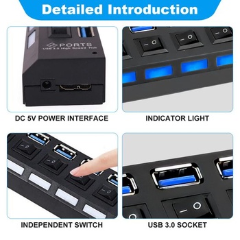 7portový USB hub s napájaním 5V 2A, rozbočovač USB 3.0 + 2.0