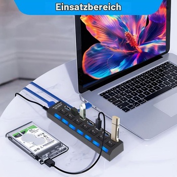 7portový USB hub s napájaním 5V 2A, rozbočovač USB 3.0 + 2.0