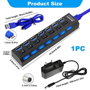 7portový USB hub s napájaním 5V 2A, rozbočovač USB 3.0 + 2.0