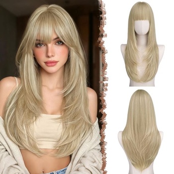 FESHFEN Blond vrstvená parochňa s ofinou, 60 cm dlhá parochňa s ofinou pre ženy, syntetické parochne,