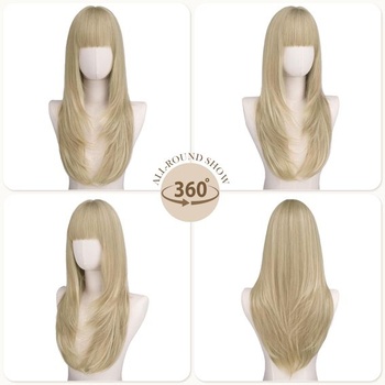 FESHFEN Blond vrstvená parochňa s ofinou, 60 cm dlhá parochňa s ofinou pre ženy, syntetické parochne,