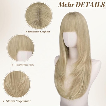 FESHFEN Blond vrstvená parochňa s ofinou, 60 cm dlhá parochňa s ofinou pre ženy, syntetické parochne,