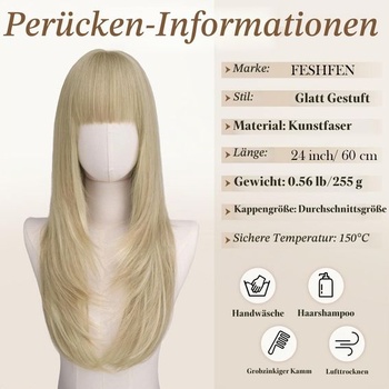 FESHFEN Blond vrstvená parochňa s ofinou, 60 cm dlhá parochňa s ofinou pre ženy, syntetické parochne,