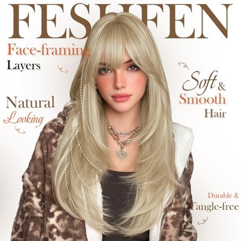 FESHFEN Blond vrstvená parochňa s ofinou, 60 cm dlhá parochňa s ofinou pre ženy, syntetické parochne,
