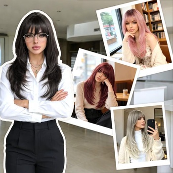 FESHFEN Blond vrstvená parochňa s ofinou, 60 cm dlhá parochňa s ofinou pre ženy, syntetické parochne,