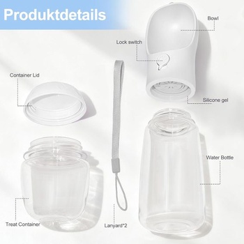Fľaša na vodu pre psov 2 v 1 na turistiku (biela, 550 ml) | so 100g nádobou na krmivo, dvojito