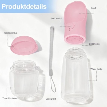 Fľaša na vodu pre psov 2 v 1 na turistiku (ružová, 350 ml) | s nádobou na krmivo 100 g, dvojito