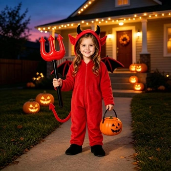 Kostým ďábla s kapucí, křídly a ocasem, démonické oblečení na Halloween, karneval, dětský kostým