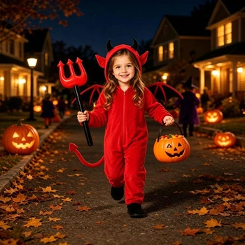Kostým ďábla s kapucí, křídly a ocasem, démonické oblečení na Halloween, karneval, dětský kostým
