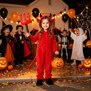 Kostým ďábla s kapucí, křídly a ocasem, démonické oblečení na Halloween, karneval, dětský kostým