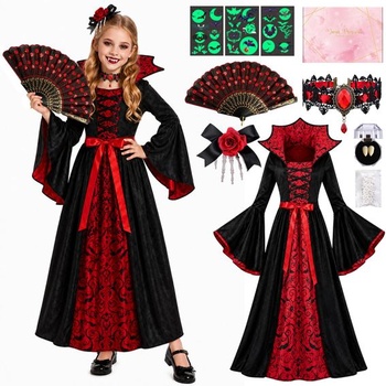 Detský upírsky kostým, halloweensky kostým pre dievčatá s upírskymi zubami a vejárom