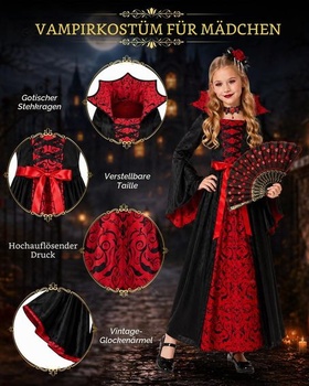 Detský upírsky kostým, halloweensky kostým pre dievčatá s upírskymi zubami a vejárom