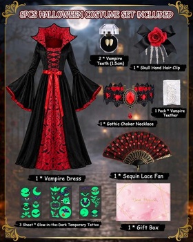 Detský upírsky kostým, halloweensky kostým pre dievčatá s upírskymi zubami a vejárom