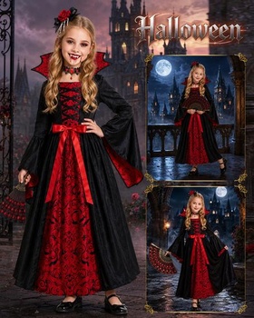 Detský upírsky kostým, halloweensky kostým pre dievčatá s upírskymi zubami a vejárom