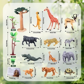 SIENON 21dielna hracia sada so safari zvieratami s baobabom a brožúrou, realistické plastové figúrky