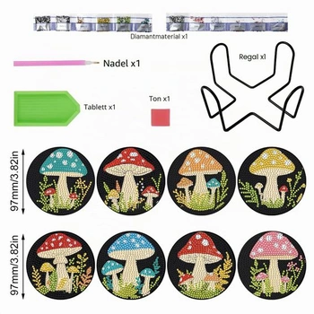 8dílné DIY diamantové malované tácky s držákem, tácky pod koktejlové kelímky, skleněné tácky s