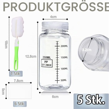 5 x 250ml fliaš so širokým hrdlom a stupnicou, plastové laboratórne fľaše na plnenie, nepriepustné,