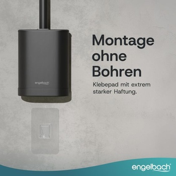Silikónová toaletná kefa Engelbach® s rukoväťou a držiakom z nerezovej ocele, plochá, čierna, pre