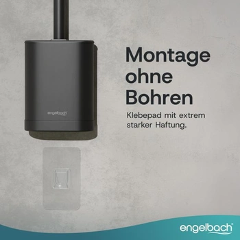 Silikonový toaletní kartáč Engelbach® s rukojetí a držákem z nerezové oceli, plochý, černý, pro