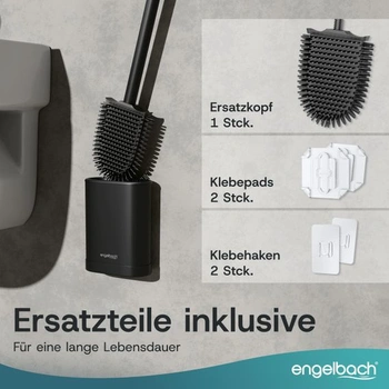 Silikonový toaletní kartáč Engelbach® s rukojetí a držákem z nerezové oceli, plochý, černý, pro